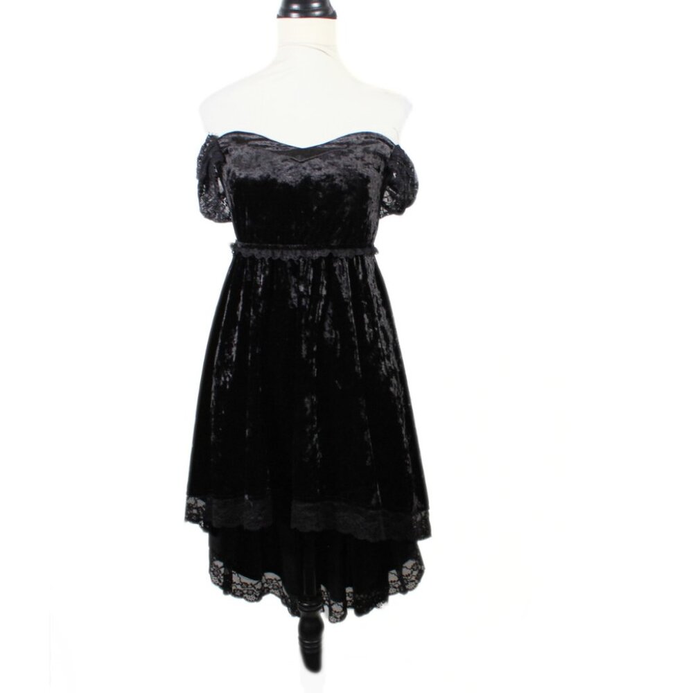 Gothic Black Velvet High-Low Dress w/ Lace & Corset Back – Size Small